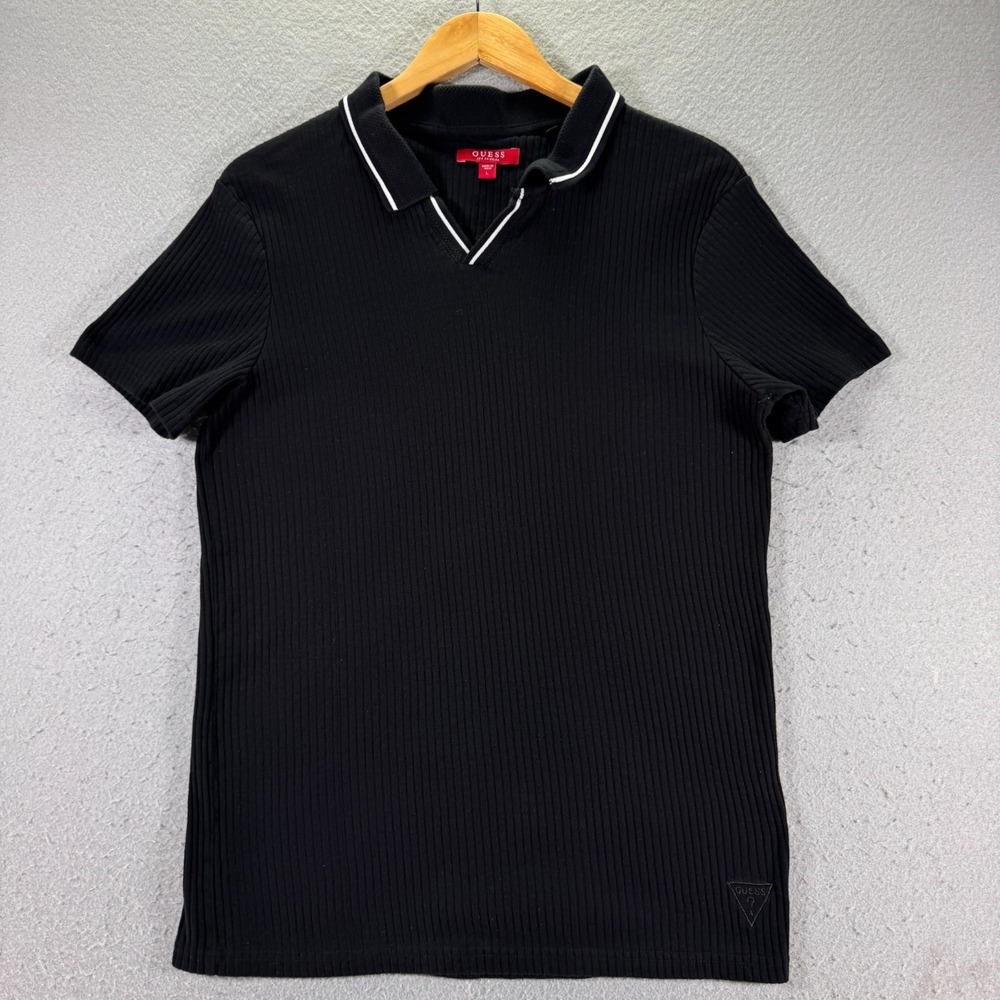Guess Polo Shirt Top Womens Large Black Ribbed Comfort Stretch Golf‎ Sportswear